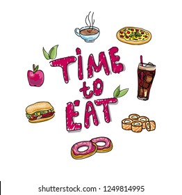 Beautiful vector illustration on the theme of fast food and food: a hamburger, a cup of tea, Japanese rolls, donuts, a glass of cola, an apple.
