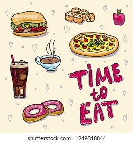 Beautiful vector illustration on the theme of fast food and food: a hamburger, a cup of tea, Japanese rolls, donuts, a glass of cola, an apple.