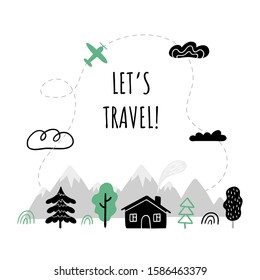 Beautiful Vector illustration on travel theme with text Little Adventure. Country houses, mountains, trees, sun, rain and other nature and outdoor elements.