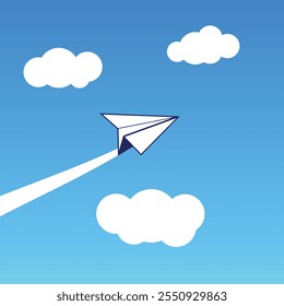 A Beautiful vector illustration of one origami paper toy white plane flying on a blue sky with clouds background