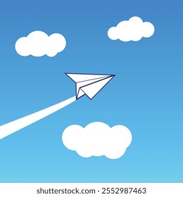 A Beautiful vector illustration of one origami paper toy white plane flying on a blue sky with clouds background