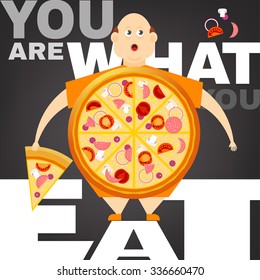 Beautiful vector illustration of the overweight man in the You are what you eat concept. Editable image useful in obesity placard, poster, infographics and brochure design in cartoonish style.