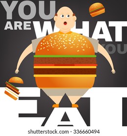 Beautiful vector illustration of the overweight man in the You are what you eat concept. Editable image useful in obesity placard, poster, infographics and brochure design in cartoonish style.