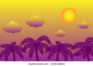 Beautiful vector illustration with palm trees, clouds, sun. Landscape with evening or mornigg sky. Sunset or sunrise background