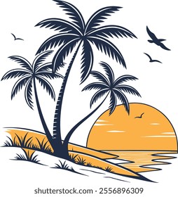 Beautiful vector illustration of palm trees by the beach at sunset, featuring serene ocean waves and birds in flight. Perfect for tropical designs and vacation themes