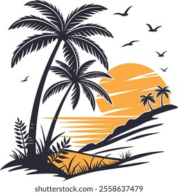 Beautiful vector illustration of palm trees by the beach at sunset, featuring serene ocean waves and birds in flight. Perfect for tropical designs and vacation themes