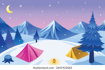 Beautiful vector illustration of a peaceful winter night camping scene with colorful tents, a glowing campfire, snowy pine trees, and majestic mountains under a starry sky with a crescent moon. Perfec