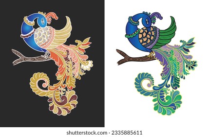 Beautiful vector illustration with peacock collection.  ornamental feathers, character of nature with decorative elegant plumage, vector illustration of exotic animal isolated on white background.