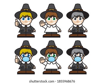 
Beautiful vector illustration of pilgrim on thanksgiving with and without mask and in different poses and clothes