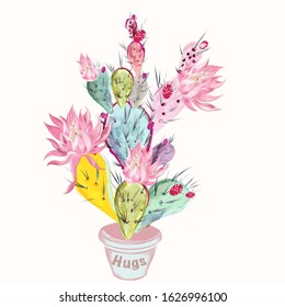 Beautiful vector illustration with pink cactus flower and plant in potter
