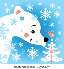 Beautiful vector illustration of a polar bear in the snow forest