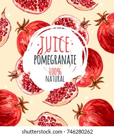 Beautiful vector illustration with pomegranate. Fresh pomegranate juice.Juice logo on the light pink background.