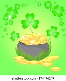 Beautiful vector illustration with the pot of golden coins and clover -- symbols of the St. Patrick's day