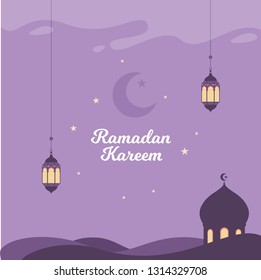 Beautiful Vector Illustration Ramadan Kareem The Holy Month Muslim Feast Greeting Card with night, Lantern and mosque. Flat landing page style vector.