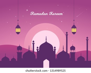 Beautiful Vector Illustration Ramadan Kareem The Holy Month Muslim Feast Greeting Card with night, Lantern, crescent moon and mosque. Flat landing page style vector.