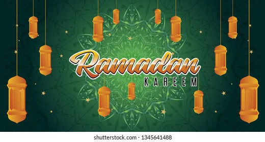 Beautiful Vector Illustration Ramadan Kareem The Holy Month Muslim Feast Greeting Card with night, Lantern and mosque. Flat landing page style vector