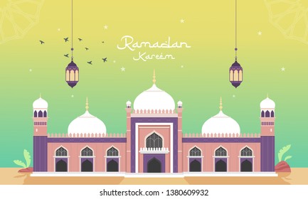 Beautiful Vector Illustration Ramadan Kareem The Holy Month Muslim Feast Greeting Card with night, Lantern, crescent moon and mosque. Flat landing page style vector. - Vector