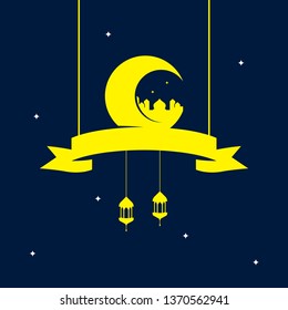 Beautiful Vector Illustration Ramadan, Lantern, crescent moon and mosque - Vector 