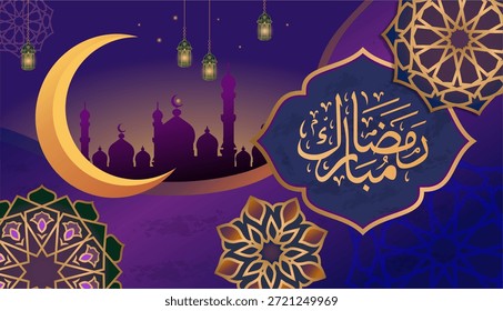 Schöne Vektorgrafik für Ramadan Mubarak. Dieses elegante Design verfügt über einen dunkelvioletten Hintergrund, der mit einem goldenen Halbmond, einer Silhouette einer Moschee, hängenden traditionellen Laternen und komplizierten islamischen geometrischen Mandalas verziert ist. Das Design beinhaltet arabische Kalligraphie, die einen gesegneten Ramadan wünscht. Perfekt für Grußkarten, Banner, Social-Media-Beiträge, Flyer und Einladungen zum Fastenmonat und Eid al-Fitr