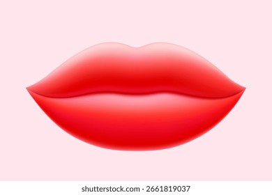 Bela ilustração vetorial de lábios realistas em cores vibrantes. Perfeito para conceitos de beleza, maquiagem e moda. Beijo de mulher, um sorriso. Olhar brilhante e glamouroso. Lábios 3D realistas em rosa ou vermelho.