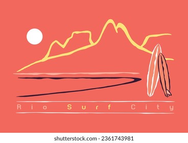 Hermosa ilustración vectorial del paisaje costero de Río de Janeiro con tablas de surf. Arte de estilo minimalista, con líneas estilizadas y sencillas. Diseño editable para imprimir en camisetas, afiches, decorados