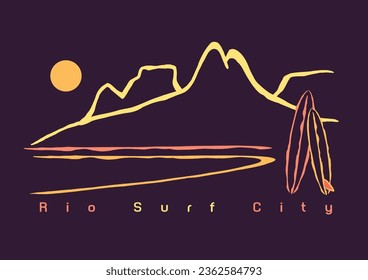 Hermosa ilustración vectorial del paisaje costero de Río de Janeiro con tablas de surf. Arte de estilo minimalista, con líneas estilizadas y sencillas. Diseño editable para imprimir en camisetas, afiches, etc.