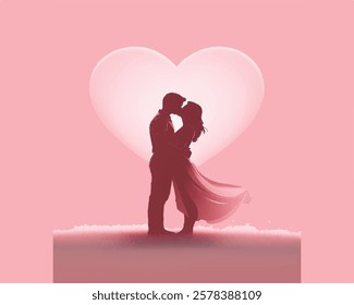 A beautiful vector illustration of a romantic couple sharing a loving kiss in the city of love on Valentine's Day. The scene captures the essence of love and passion, set against a charming city backd