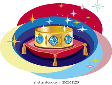 Beautiful vector illustration with sapphire ring on pillow. Oval background. Colorful print. 
