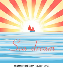 Beautiful vector illustration of sea landscape with ship and sun rays