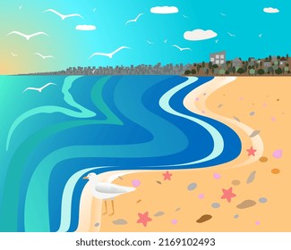 Beautiful vector illustration of a sea shore with seagulls. In the background is a big city and a cloudy sky