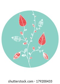 beautiful vector illustration of seamless leaves on white branch, in light blue circle