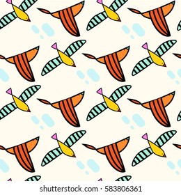 Beautiful vector illustration seamless pattern of cute spring colorful birds. Colorful texture background for fabric, tile, textile, wrapping or wallpaper. Stylized decor for baby theme.