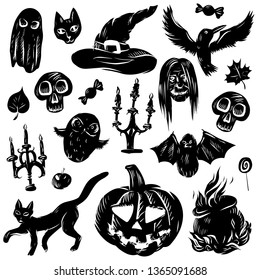 Beautiful Vector illustration set of cartoon assorted Halloween accessories Black Cat, Bat, ghost, owl, pumpkin, candlestick. Separated objects on white background