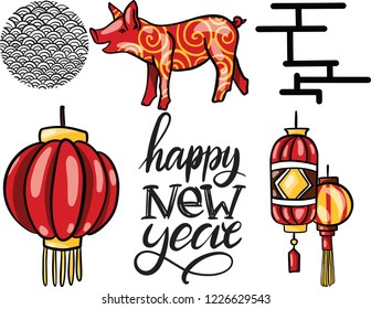 Beautiful VECTOR illustration set with funny pig and lantern. Happy chinese new year. Earth boar- simbol 2019 isolated on white background