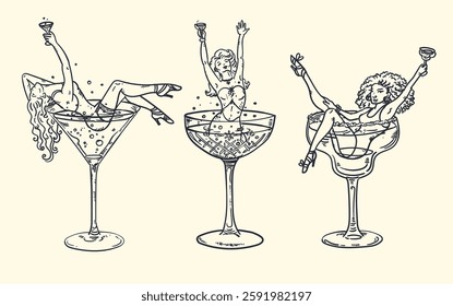 Beautiful vector illustration set of women in cocktail glasses - woman in martini, champagne, margharita, daiquiri and mermaid in a gin glass. For a girls night, bachelorette party