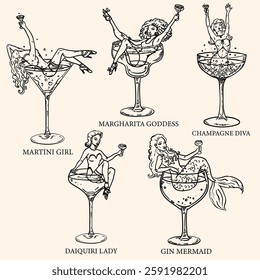 Beautiful vector illustration set of women in cocktail glasses - woman in martini, champagne, margharita, daiquiri and mermaid in a gin glass. For a girls night, bachelorette party