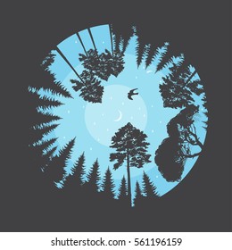 Beautiful Vector Illustration With Silhouettes Of Coniferous Forest, Bird Under Trees In Evening Sky With Moon And Stars. Round Composition, View Looking Up From The Ground Level