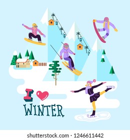 beautiful vector illustration ski club. Skiing, snowboarding and other winter activities. Perfect for logotipe and emblems.