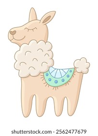 Beautiful vector illustration of smiling cartoon llama isolated on the white background