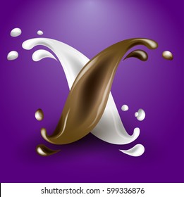 Beautiful vector illustration of a splash of milk and chocolate, duet of liquids, contrast. Spilled milk and chocolate.
