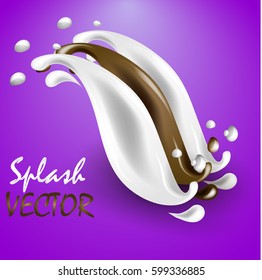 Beautiful vector illustration of a splash of milk and chocolate, duet of liquids, contrast. Spilled milk and chocolate.
