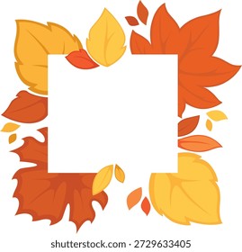Uma bela ilustração vetorial de uma moldura quadrada feita a partir de folhas de outono caindo em tons de vermelho, laranja e amarelo. O espaço em branco central é perfeito para texto, tornando-o ideal para convites sazonais, planos de fundo ou projetos promocionais.
