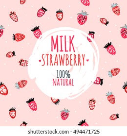 Beautiful vector illustration with strawberry and milk splashes. Yogurt logo on the pink strawberry background.