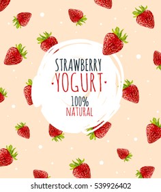 Beautiful vector illustration with strawberry and milk splashes. Yogurt logo on the pink strawberry background.