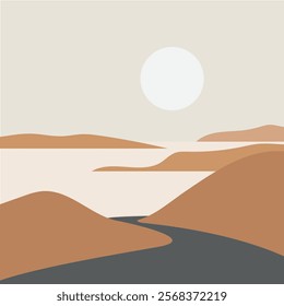 Beautiful vector illustration of Summer sun in the mountains sea and the road