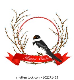 Beautiful vector illustration of swallow sits on willow tree. Willow branches, red ribbon and swallow bird. Can be used for Easter decoration.