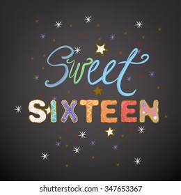 Beautiful vector illustration of a sweet sixteen birthday party composition. Handdrawn typography in a shape of colorful cakes and whipped cream. Ideal for placards, postcards, and invitations design.