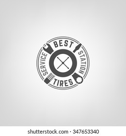 Beautiful vector illustration of the tire shop and service logotype. Modern graphic style. Transportation automotive concept. Digital pictogram useful for different automobile industry designs