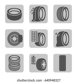 Beautiful vector illustration of tire shop images useful for icon and logotype design on a light background. Realistic graphic style. Transportation automotive concept. Digital pictogram collection