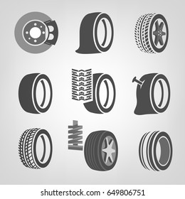 Beautiful vector illustration of a tire shop images useful for icon and logotype design on a light background. Realistic graphic style. Transportation automotive concept. Digital pictogram collection